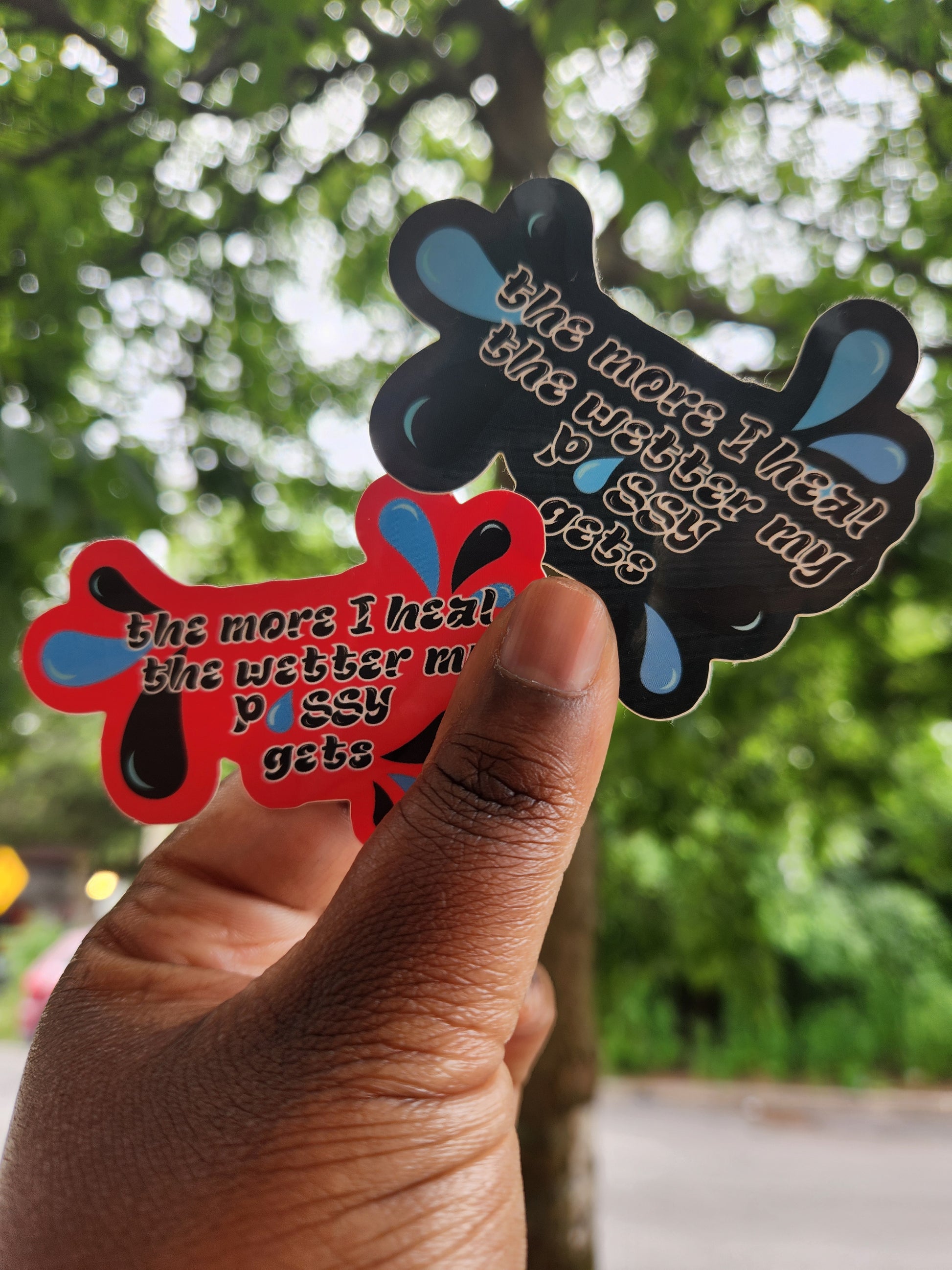 A pink sticker and a teal sticker in the shape of a water splash
The words are black and outlined in white. They say: "the more I heal the wetter my p-u-s-s-y gets"
In the corners are black and blue water droplets